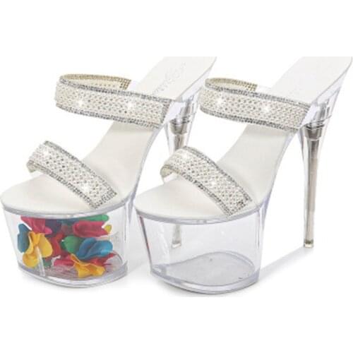Model stage transparent ultra high heel 17cm thin heel summer waterproof platform pearl sexy party slippers
