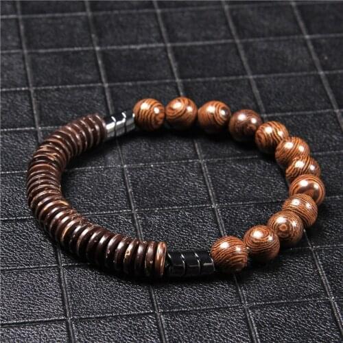Fashion Antique Men Wooden Bracelet Natural Hematite Stone Beads Charm Energy Bracelet for Women Men Bohemian Jewelry Hombre