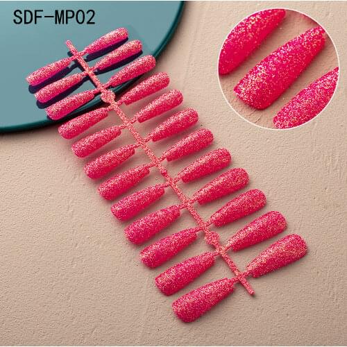 24Pcs Frosted Glitter Powder Fake Nails Detachable Long Ballerina Shaped Finger False Nail with Design Manicure Tool (no Glue)