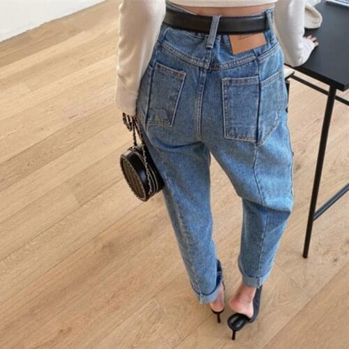 2021 New Autumn Womens Denim Pants Irregular Pockets Fashionable High Waist Loose Denim Jeans Female Chic Trousers