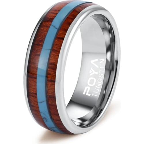 New Design 8mm Width Rings High Polished Silver Tones Tungsten Wedding Dome Band Inlay Wood & Turquoise Mens Gift Size 7-12