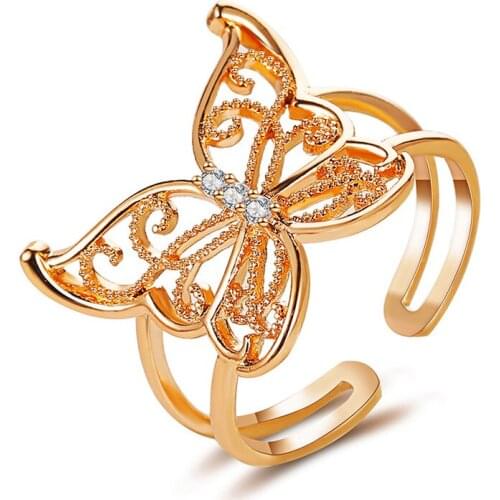 Charming Female Gold Color Butterfly Opening Ring Elegant Womens Wedding Fashion Accessories Exquisite Crystal Jewelry Gifts