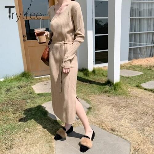 Trytree Autumn Winter Women Casual Dress V-neck Knitting 2 Colour Slim fit Split hem Belt Fashion Office Lady Mid-Calf Dress