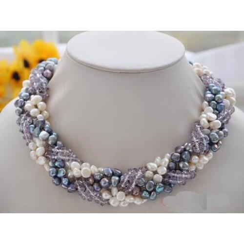 New Fine Pearl Jewelry 6row 18'' Black Color Baroque Freshwater Pearl Purple Crystal Faceted Knit Necklace Handmade Women Gift
