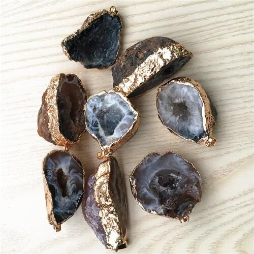 Gazelle Natural Stone Brazilian Electroplated Gold Color Edged Slice Open Agates Geode Drusy Druzys Pendants&Necklace Wholesale