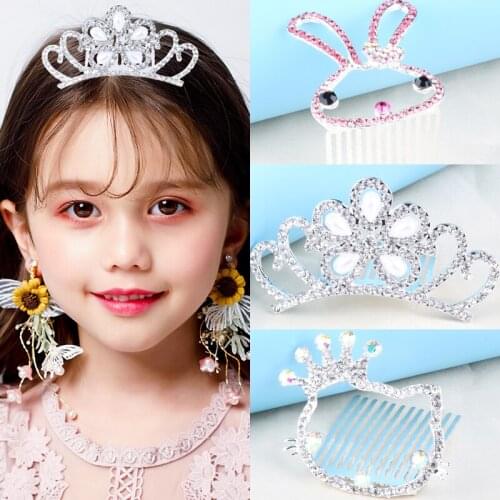 Luxury Princess Girl Women Love Shiny Crown Wedding Crystal Hair Combs Silver Color Cute Cat Rabbit Tiara Hair Jewelry