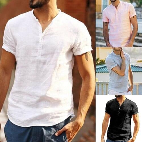 Fashion Mens Summer Casual Shirts Short Sleeve Loose V-neck Linen Cotton Tops Clothes Solid Button Shirt Blouse Tops Tees