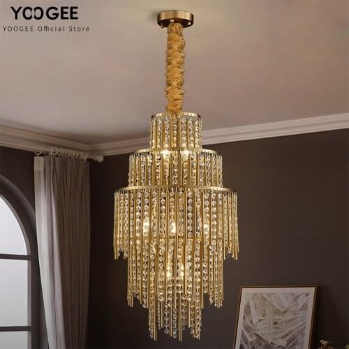Modern Luxury Fixtures Gold Crystal Chandelier Lighting Minimalist Loft Long Staircase Hanging Lamps Restaurant Corridor
