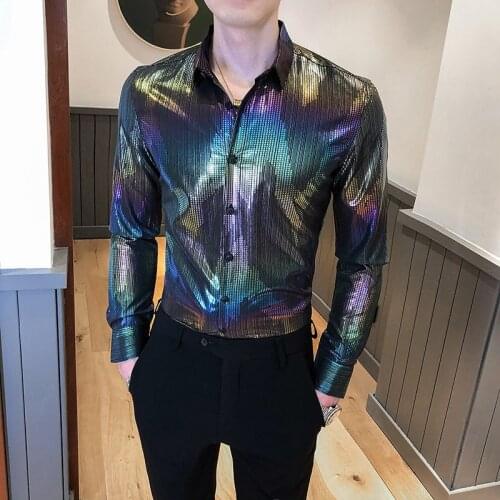 Slim Shirt Rainbow Nightclub Bar Outfit Camisa Social Masculina Streetwear Mens Casual Shirts British Style 2020 Autumn Fashion
