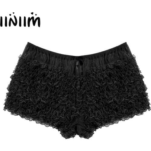Men Adult Sissy Sexy Lace Ruffle Dance Shorts Elastic Translucent Shorts Boxer Panties Low Waist Underwear for Dance Practice