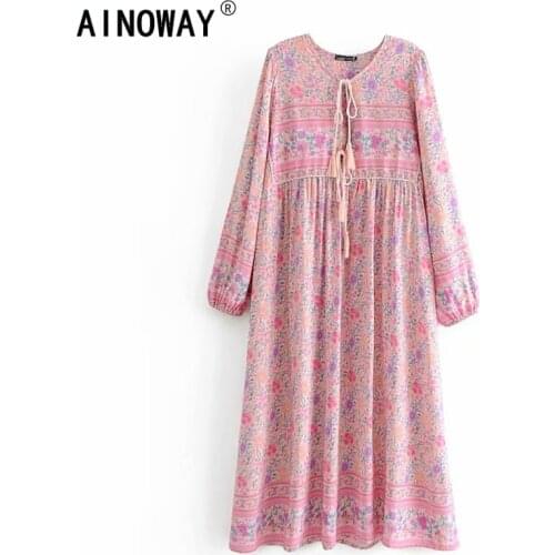 Vintage Chic women vestidos elegant pink floral print beach Bohemian Midi dress Ladies Summer Boho rayon happie dress