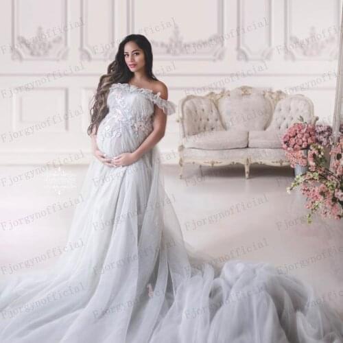 Vintage Sweep Train Silver Tulle Party Dresses Applique Off Shoulder Maternity Photography Dress Custom Made Prom Gowns 2022