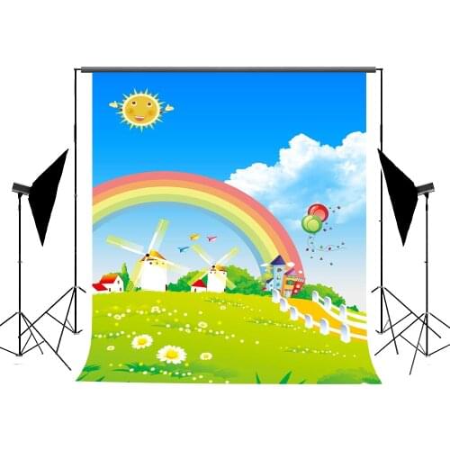 VinylBDS Children Cartoon Fotografia Profissional Spring Prairie Village Custom Photo Backdrops Washable Achtergrond Doeken