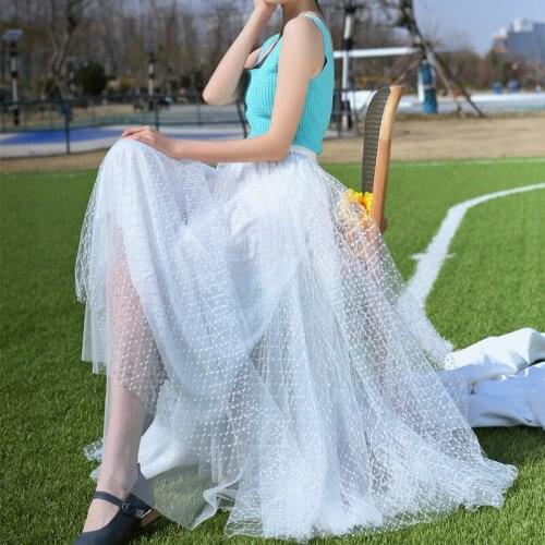 White highlights mesh skirt womens summer skirt 21 spring new trendy long skirt Polyester Lace Casual A-LINE empire