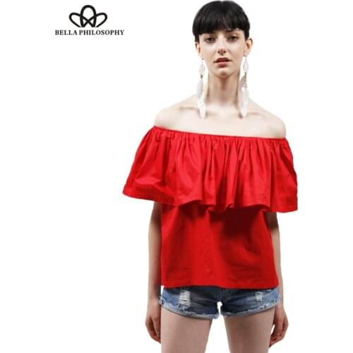 Bella Philosophy 2018 summer t-shirt women Tops ruffles slash neck off the shoulder cotton short T shirt red pink green blue