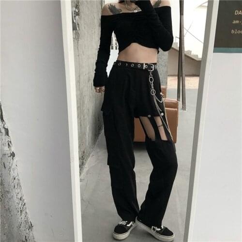 QWEEK Harajuku Gothic Style Black Cargo Pants Women Streetwear Punk Hollow Out High Waisted Green Trousers Dark Techwear Fashion