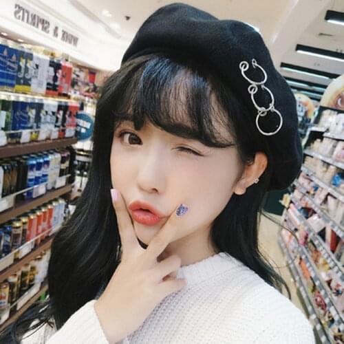 Female New Winter Berets Wool Cotton Blend Iron Rings Beret Caps Autumn Artist Beanie Ski Cap Sweet Girl Hats