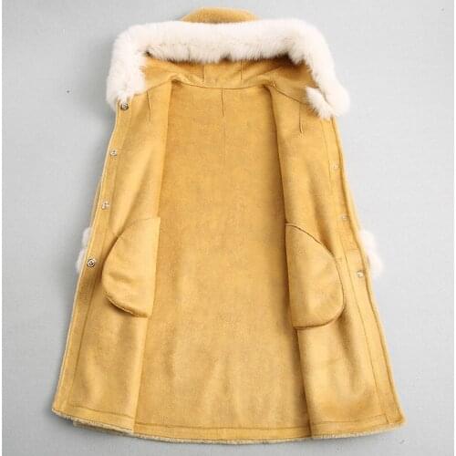 Fur Wool Real Coat Sheep Shearing Jackets Natural Fox Fur Collar Hooded Long Winter Jacket Women Mink Cuff 18174 WYQ