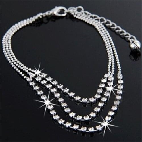 12pcs Shiny 3 Layers Tassel Rhinestone Anklet Women Sexy Barefoot Sandal Beach Ankle Bracelet For Bridal Wedding Party