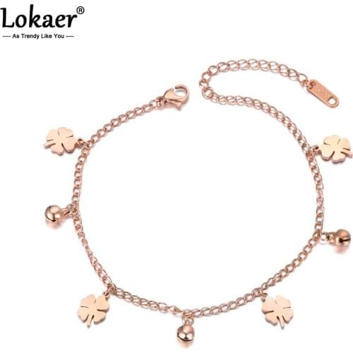 Lokaer Bohemia Rose Gold Beach Anklet Foot Jewelry Stainless Steel Four-leaf Flower & Bell Chain Link Anklets For Women A19008