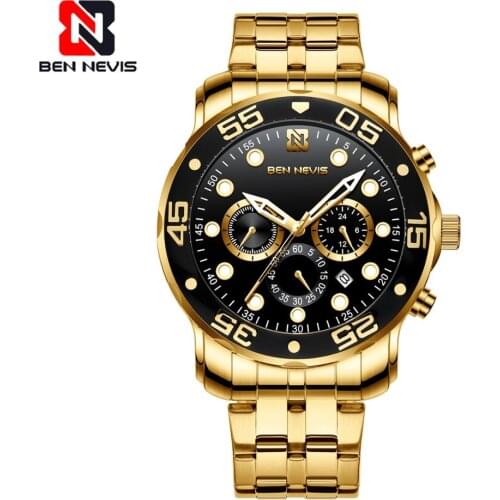 Gold Bracelet Watches Chronograph Movement Mens Big Watch Stainless Steel Watchband Husband Gift