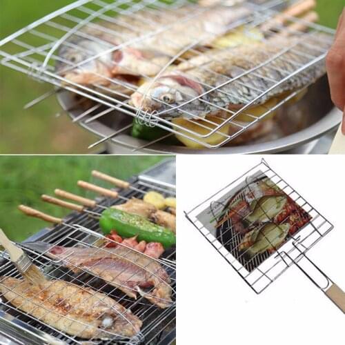 Good Quality New Stainless Steel BBQ Barbecue 2 Fish Grilling Basket Roast Folder Tool with Wooden Handle Outdoor Barbecue Mesh