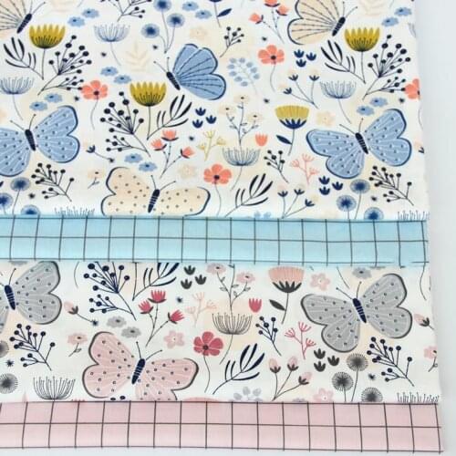 Butterfly Plaid Cotton Twill Fabric, Patchwork Cloth,Sewing Cushion Bed Sheet Quilting Fat Quarters Material Fabric For Baby