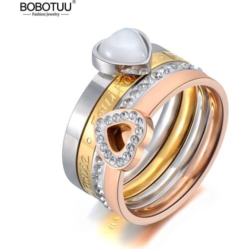 BOBOTUU Trendy Titanium Stainless Steel Fine Ring Jewelry White Heart Opals & Rhinestone Bridal Wedding Rings For Women BR19121