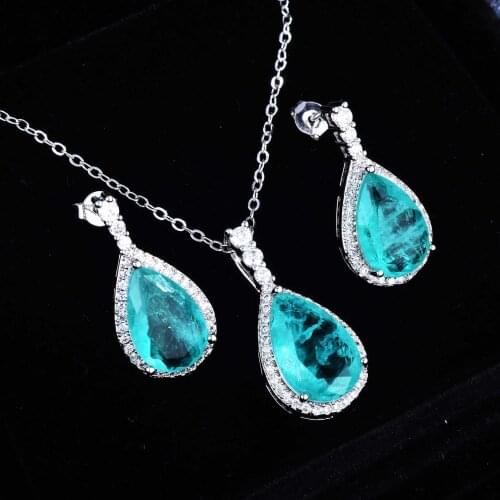 Vintage 100% 925 Sterling Silver Paraiba Tourmaline Emerald Water Drop Gemstone Pendants Necklace Earrings Jewelry Set Wholesale