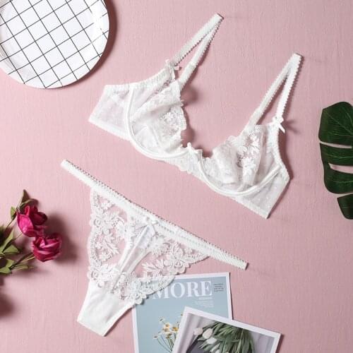 Women 2 Pieces French Sexy Embroider Lingerie Set Wedding White Underwear Lace Flower Cotton Bralette Transparent Underwire Bra