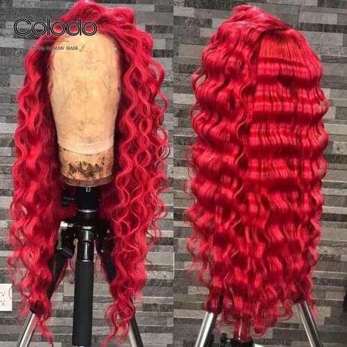 Red Deep Wave Human Hair Lace Wigs Remy Purple Transparent Lace Wigs Curly Human Hair Wigs With Baby Hairfor Women