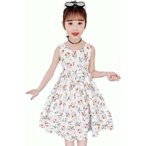 Summer Dress For Girls Floral Printed Dress For Kids Girl Teenage Children Dress Bow Childrens Clothing 6 8 10 12 14