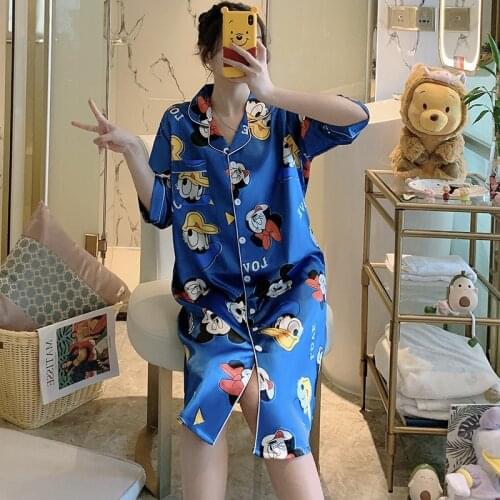 Disney cartoon Mickey Minnie bear print summer three-quarter sleeve nightdress Women cute lapel Girls pajamas home service suit