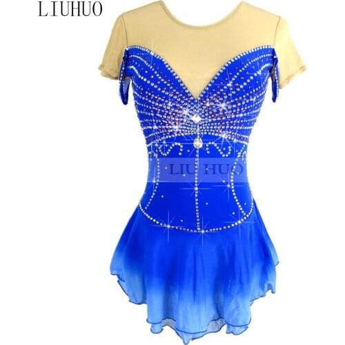 Figure Skating Dress Womens Girls' Ice Skating Competition Dress High Elasticity Performance Sexy Blue Round neck short sleeve