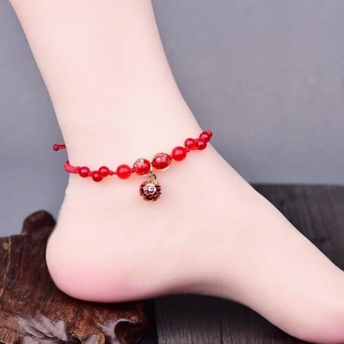 Chinoiserie Year of Fate Red Rope Wax Thread Anklet Classical Exquisite Red Chalcedony Beads Cloisonne Pendant Retro Jewelry