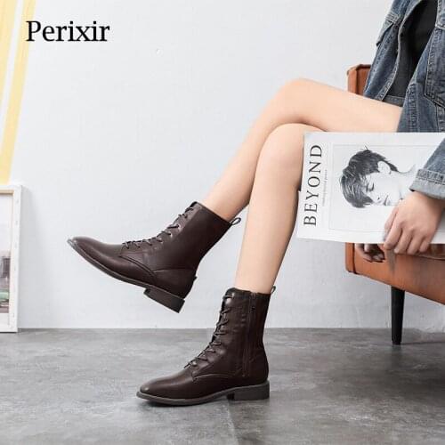 Perixir Ankle Boots Women Genuine Leather Autumn Round Toe Lace-Up Thick Bottom Black Cool Girl Booties Spring And Autumn 2020