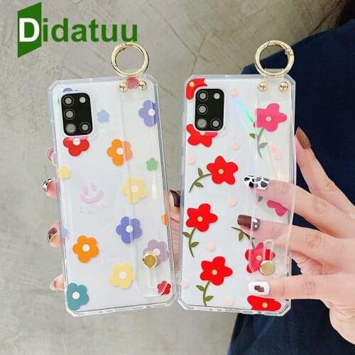 Flower Transparent Wrist Strap Phone Case For iphone 12 Mini 11 Pro Max X XR XS Max XR 7 8 Plus SE Soft TPU Stand Holder Cover