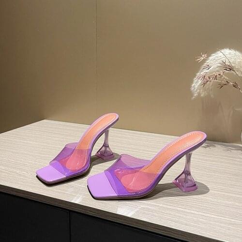 Transparent Crystal Heel Sandals Womens Shoes Summer New Style Fashion Wine Glass Heel Square Toe Fashion Sandals