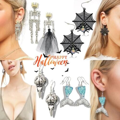 Halloween Earrings For Women Drop Dangle Skeleton Skull Charm Art Deco Ear Studs Steampunk Fun Costume Wicca
