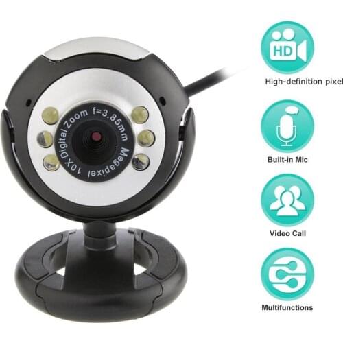 USB Video Web Camera Six Lights Night Vision Drive-free Clip Camera Computer Webcam With Microphone for PC Laptop Camera