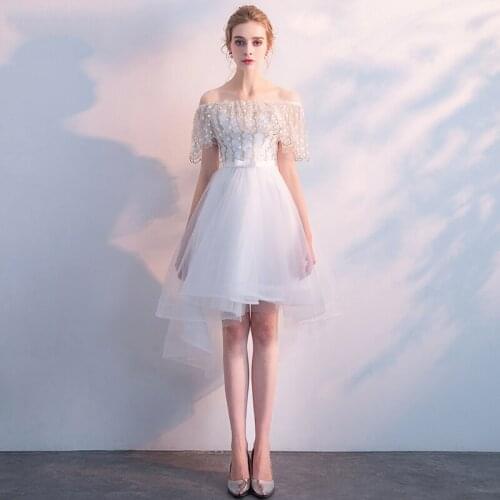 LAMYA Embroidery High Low Evening Party Dresses Cheap Boat Neck vestido de festa Short Front Long Back Fromal Gown For Women