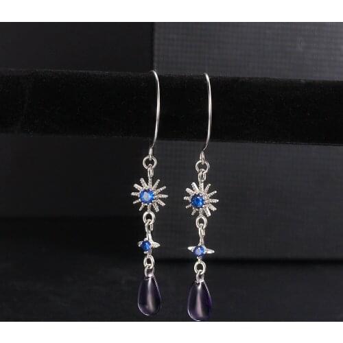 Vintage Silver Color Wedding Earrings Cute Female Crystal Flower Drop Earrings Charm Bride Blue Zircon Dangle Earrings For Women