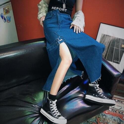 Jasmine summer dark blue a word half-length skirt summer harbor wind split design shows thin hair edge wash water cowboy skirts