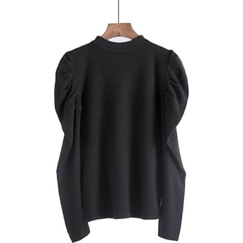 Women Knitted Tops Autumn Winter Elegant Half Sleeve Solid Color O-Neck Long Puff Sleeve Knitwear Slim Top Hoodies Oversized