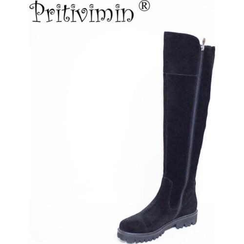 Pritivimin FN80 Ladies kide suede bottes femmes winter women handmade shoes girls warm wool plush over the knee high boots