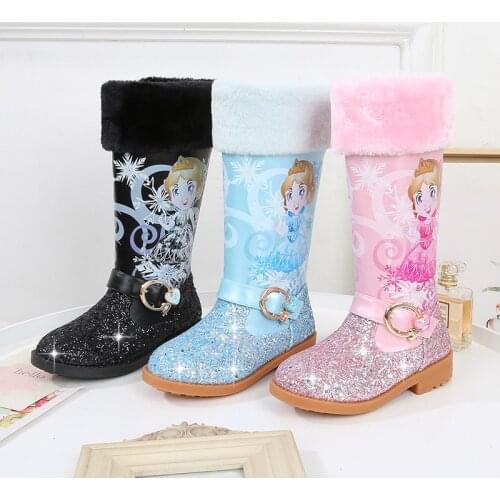 1-13 Years Children 2021 Winter Warm Long Boots for Girls Low Heel Sequins Snow Boots Toddler Girl Shoes Fur Boots Size 24-37