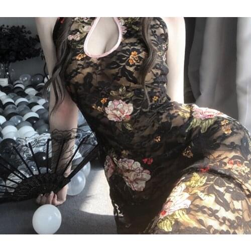 Embroidery Floral Cheongsam Mini Dress Women Traditional Chinese Costumes Qipao Orientale Dark Classical Daily Dresses Robe Gown