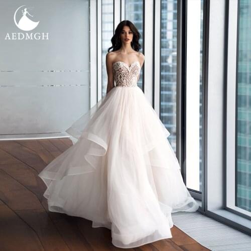 Aedmgh A-Line Ruffles Wedding Dresses 2021 Sweetheart Strapless Court Train Vestido De Novia Appliques Lace up Beach Bridal Gown