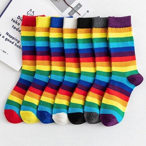 1Pair Cotton Breathable College Style Sock for Women Crew Socks Rainbow Ladies Pile Colorful Mid Tube Socks