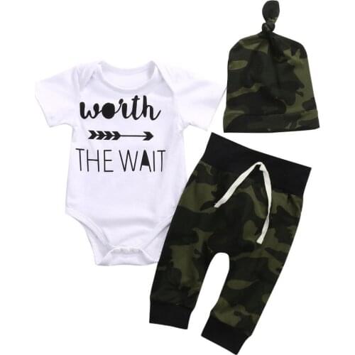 2018 Newly Summer Toddler Baby Boys Clothes Sets 3PCS Short Sleeve Letter Print White Romper Camouflage Pants Hats